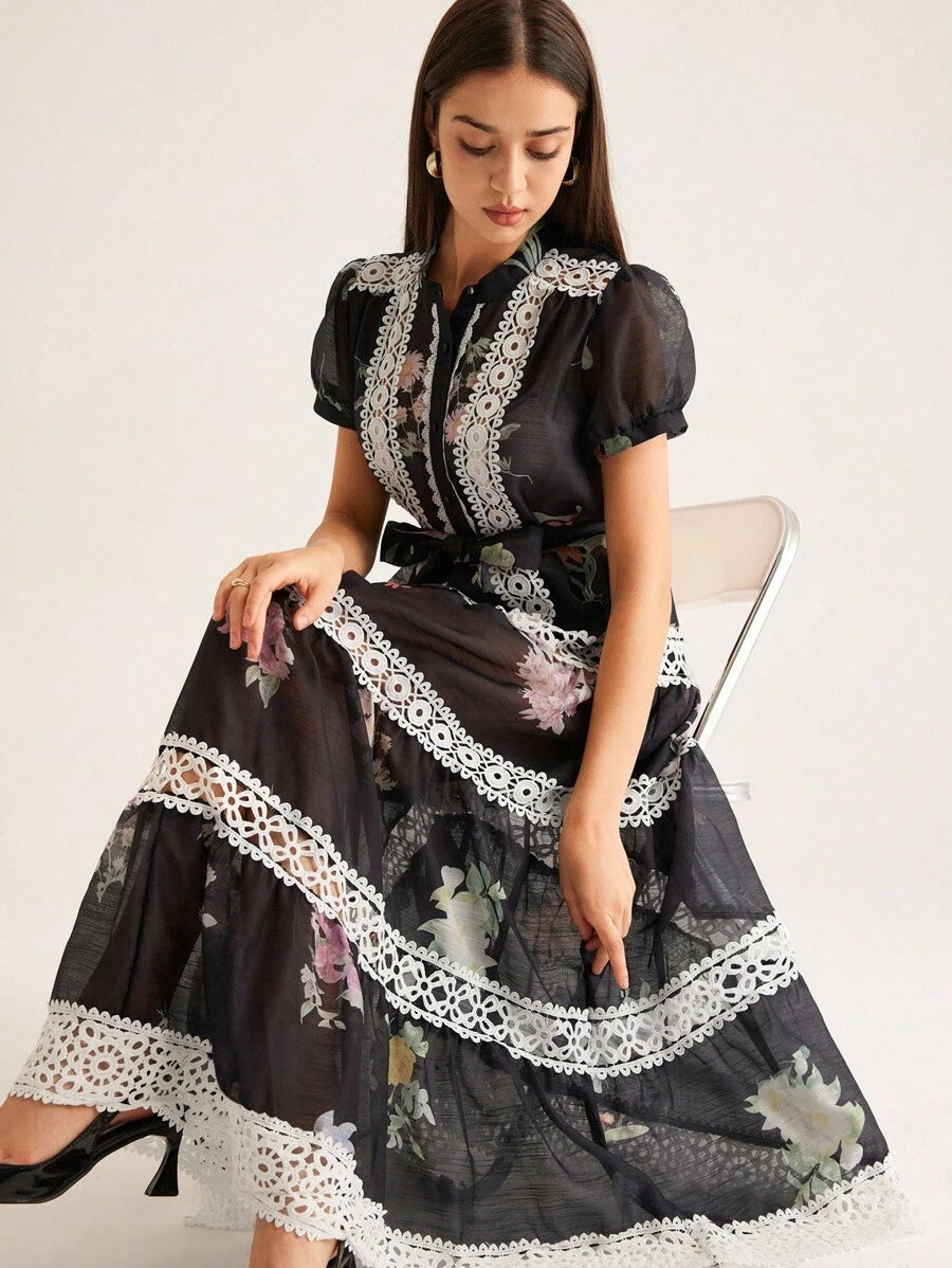 Step into timeless charm with this Chic Vintage Floral Chiffon Dress. Delicate lace trim and dreamy puff sleeves add a flirty touch to the soft, flowing chiffon fabric. Perfect for twirling through sunny afternoons or making a statement at your next garden party, this dress blends vintage elegance with playful flair. Feel effortlessly graceful and uniquely you!