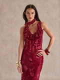 burgundy floral burnout halter maxi dress with deep V ruffle neckline, scarf tie halter, open back, sheer floral velvet texture, fitted waist and floor length mermaid hem image 2