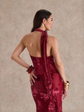 burgundy floral burnout halter maxi dress with deep V ruffle neckline, scarf tie halter, open back, sheer floral velvet texture, fitted waist and floor length mermaid hem image 3