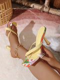 Worn top view of yellow slip-on mule sandals with diagonal PU leather straps for vacation styling