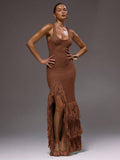 Side view of Elegant Scoop Neck Fringe Maxi Dress for Ultimate Summer and Holiday Style for women dress styling