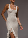 Fabric detail of Elegant Scoop Neck Fringe Maxi Dress for Ultimate Summer and Holiday Style for women dress styling