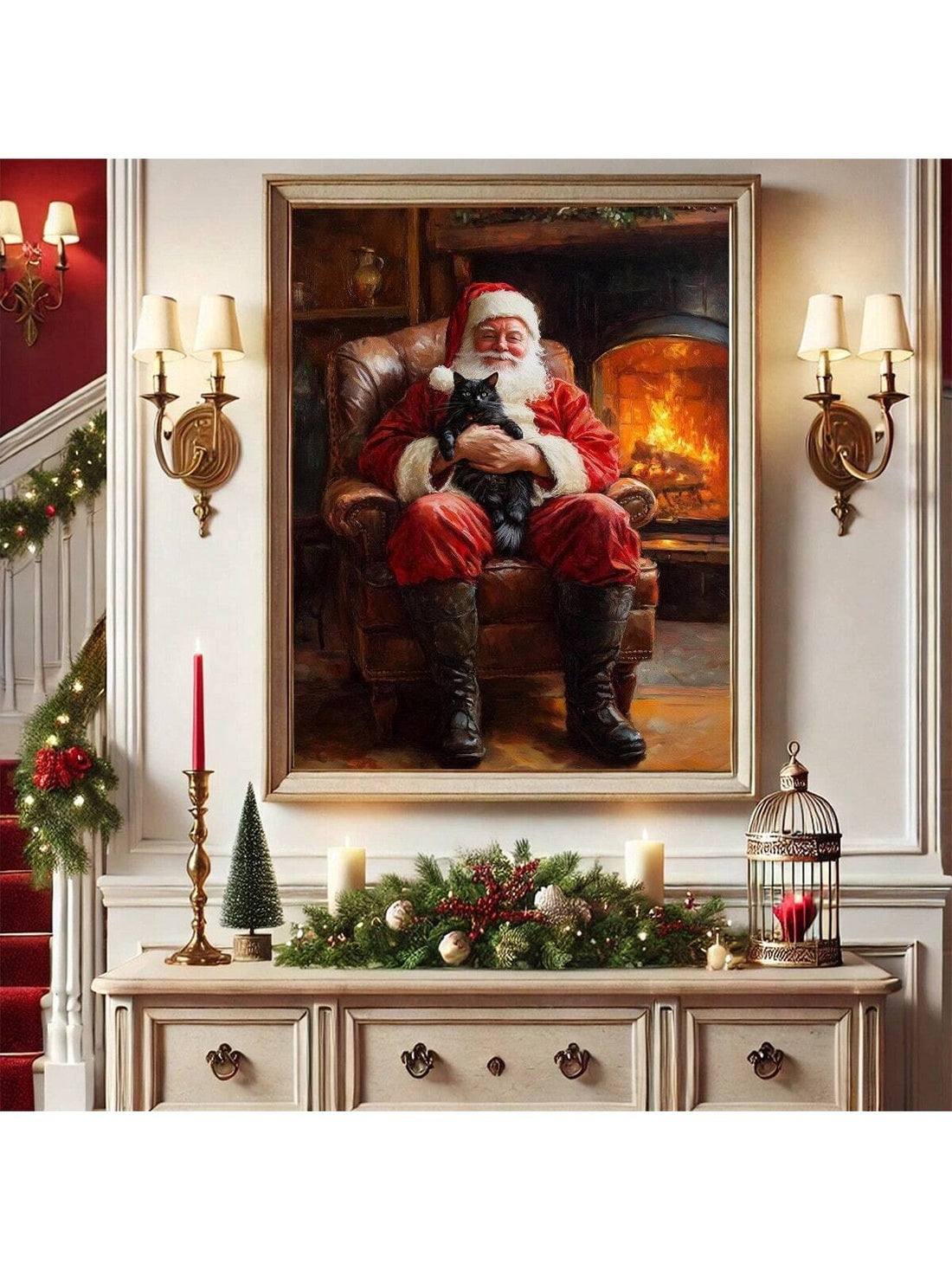 Bring a touch of whimsical holiday charm to your space with this delightful vintage-inspired canvas featuring Santa and a curious black cat. Perfect for minimalist homes that crave personality, this framed wall art captures the cozy magic of Christmas without overwhelming your décor. The playful pairing of jolly Saint Nick and his feline companion adds character and warmth to any room, making it an ideal conversation starter for the festive season. Whether you're decorating a living room, bedroom, or entryw