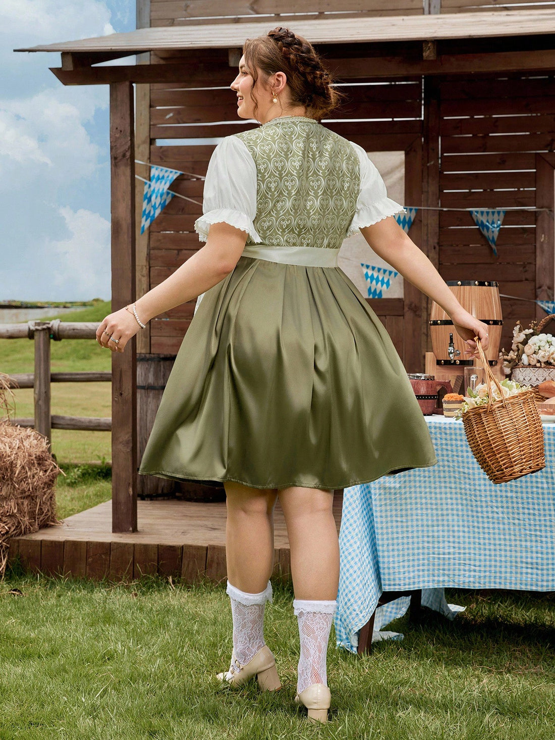 Celebrate in style with this Plus Size Sleeveless Flare Dress featuring a charming contrast lace waist that adds a flirty touch to your silhouette. Perfectly twirl-worthy for Oktoberfest or charming enough for weddings, this dress combines comfort and flair for all your festive moments. Embrace the fun with a flattering flare that moves with you!