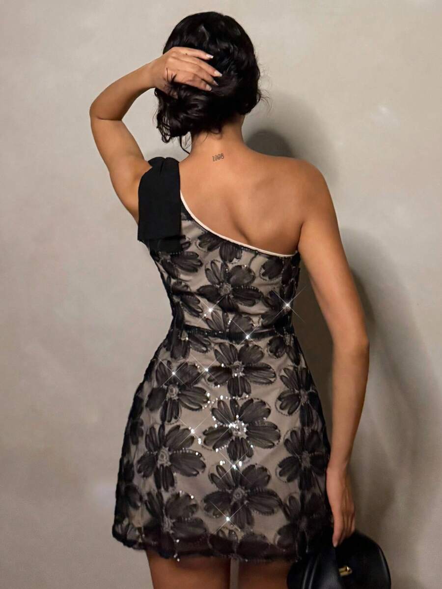 one shoulder floral sequin A-line mini dress in black nude contrast with asymmetrical neckline, floral embellished lace mesh overlay, scalloped hem and fitted bodice image 2