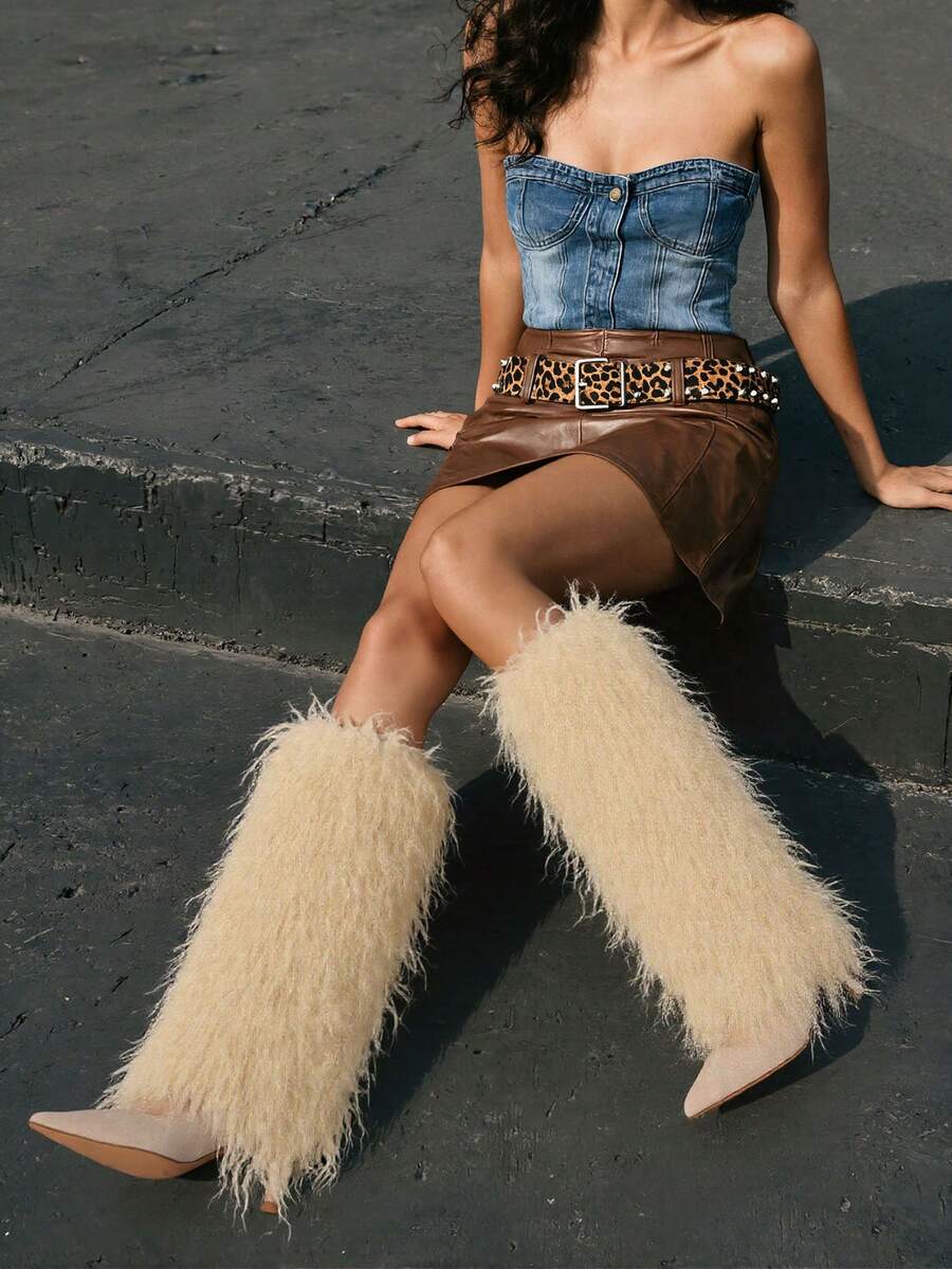 Outsole view of Knee-High Stiletto Boots for Women – Pointed Toe Mongolian Furry Fashion Footwear for punk motorcycle boot styling