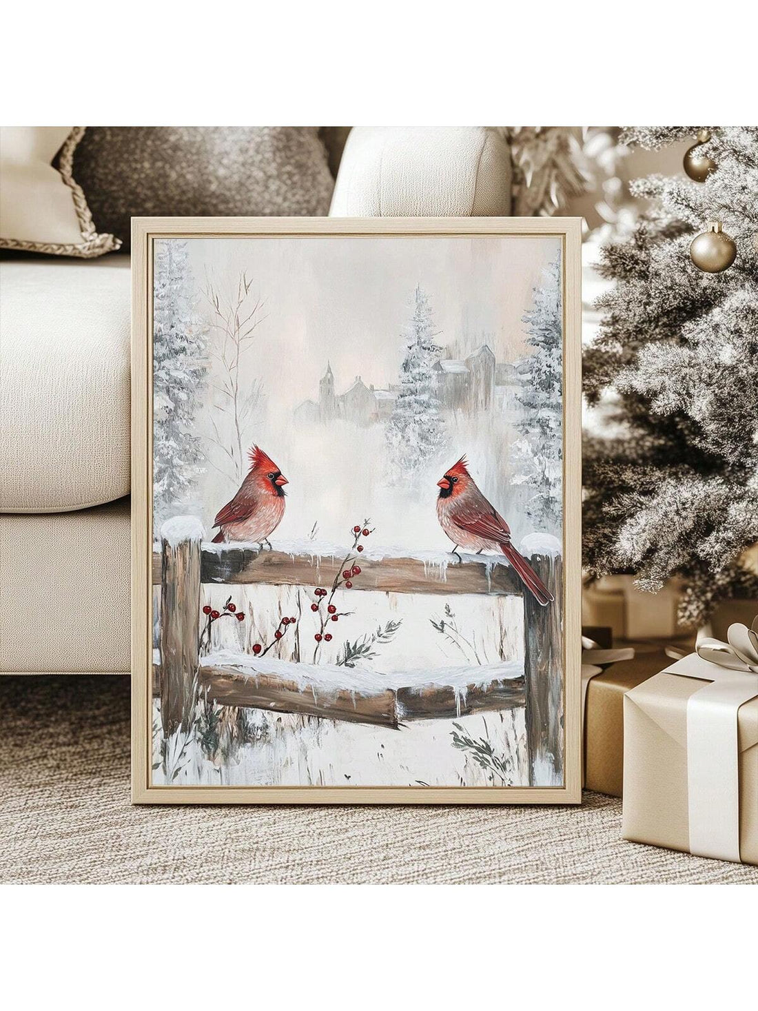 Bring a burst of festive cheer to your space with this Rustic Winter Cardinal Canvas Wall Art. Featuring a vibrant red cardinal perched amid snowy branches, this charming painting adds a cozy, nature-inspired touch to any home or office. Its warm, rustic vibe invites you to celebrate the magic of winter while brightening up your décor in a delightfully playful way.