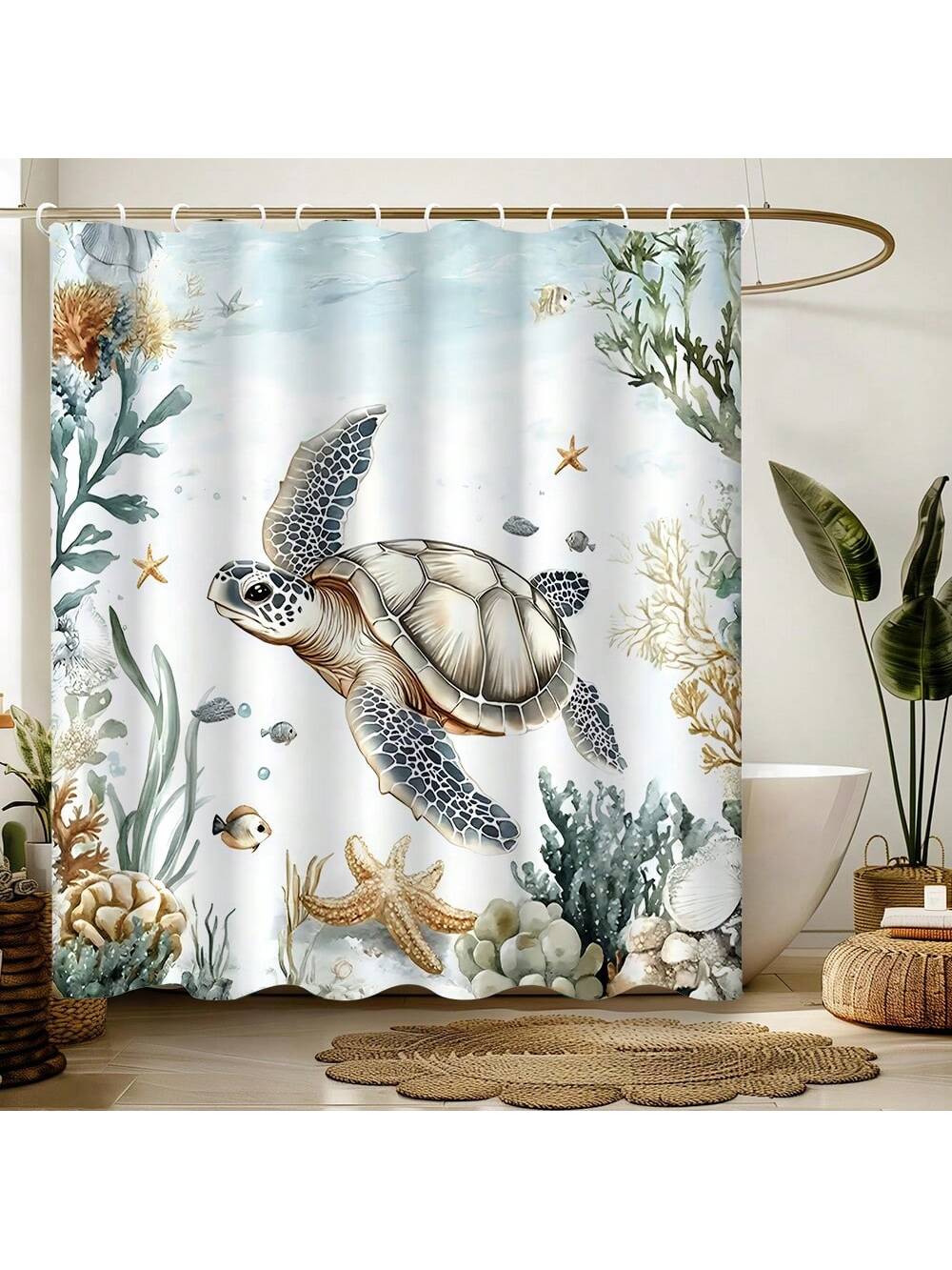 Bring a splash of ocean fun to your bathroom with this playful sea turtle shower curtain. Crafted from waterproof material, it keeps your space dry while adding a modern, marine-inspired touch. Complete with sturdy hooks, it’s easy to hang and perfect for turning your daily routine into a seaside escape.