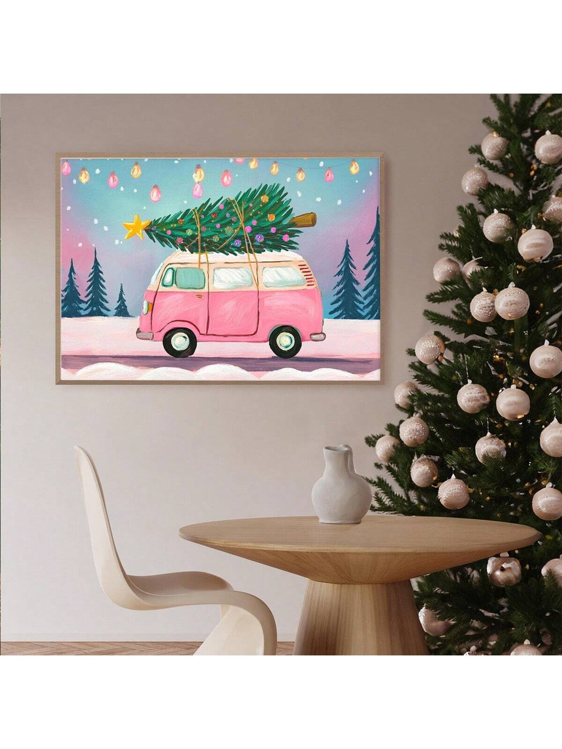 Bring retro charm and holiday cheer to any space with this delightful vintage pink camper van canvas art. Perfect for adding a whimsical touch to bedrooms, dorms, living rooms, or festive displays, this cheerful print captures the carefree spirit of classic road trips. The soft pink palette and nostalgic design make it an instant conversation starter that works year-round or as standout Christmas decor. Whether you're a camping enthusiast, vintage lover, or just someone who appreciates quirky wall art, this