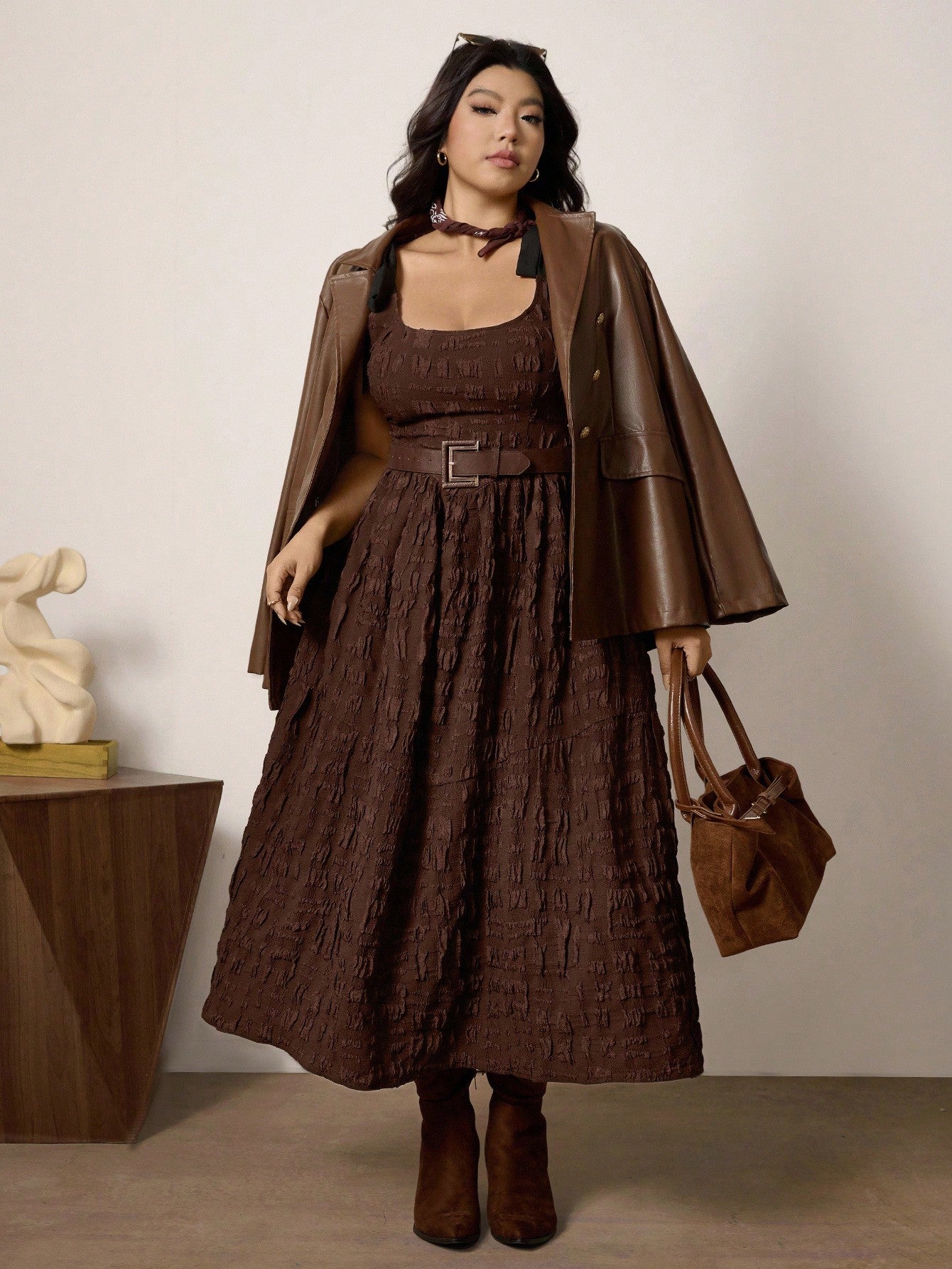 plus size brown suede dress Brown Smocked Waist Twill Suede Shirt Dress