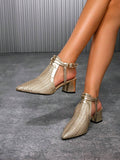 Gold textured pointed slingback block heels with ankle buckle straps