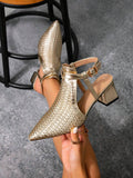Champagne gold woven pointed slingback pumps with buckle straps and block heel