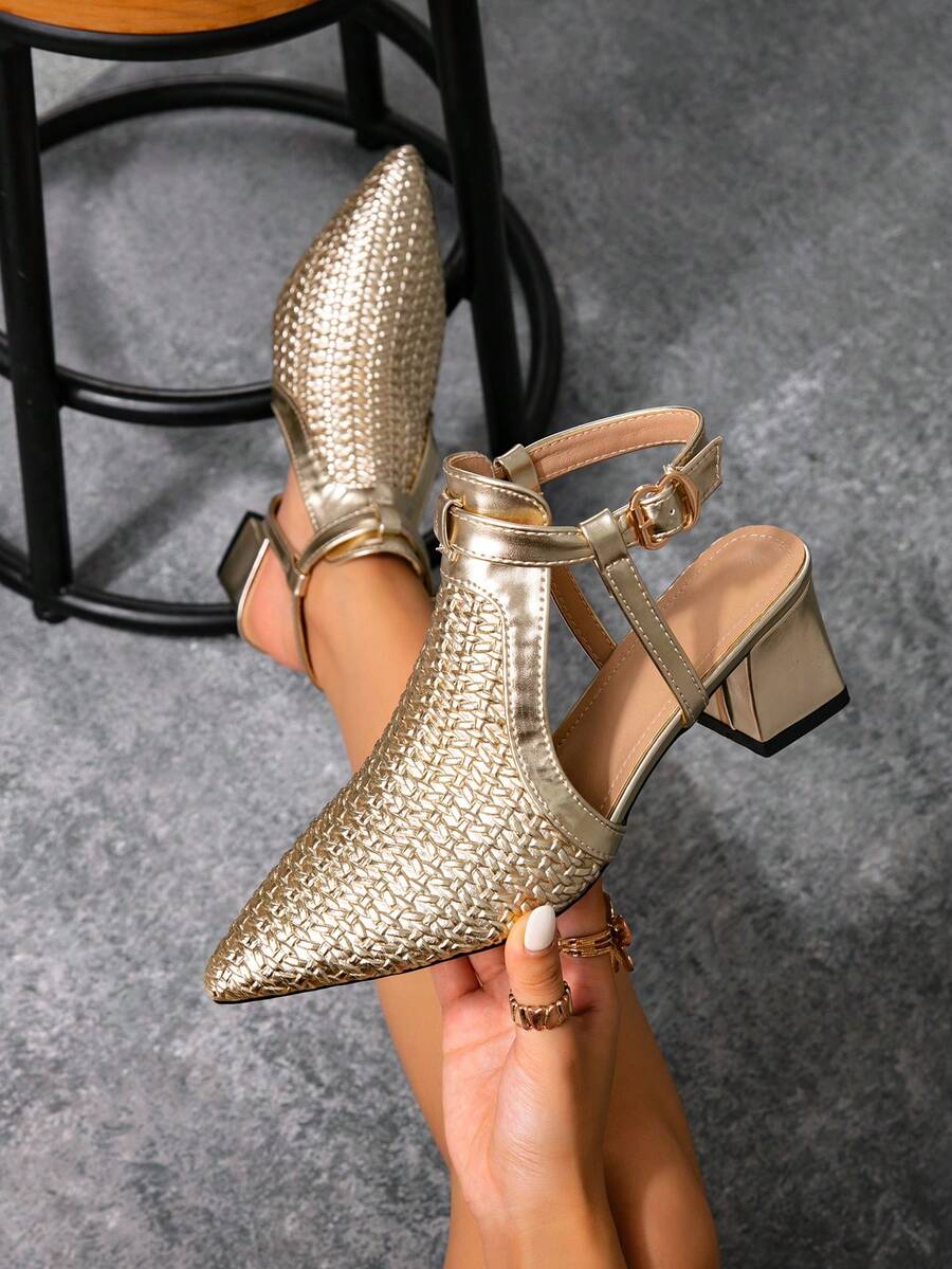 Champagne gold woven pointed slingback pumps with buckle straps and block heel