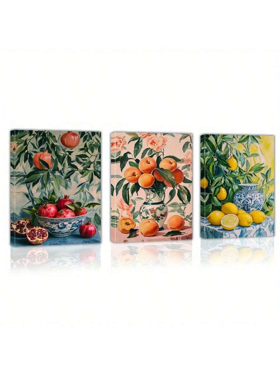 Brighten up your kitchen, dining room, or living space with this playful 3-piece canvas mural set featuring charming fresh fruits. Ready to hang, these vibrant artworks add a splash of color and a touch of whimsy to your walls, making every meal feel fresh and fun. Easy to install and designed to inspire, they transform any room into a lively and inviting space.