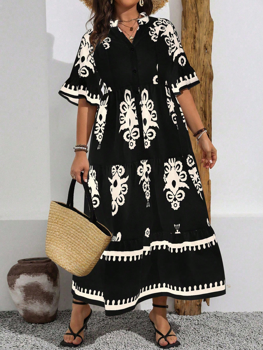 Embrace your curves with confidence in this stunning printed spliced long dress, expertly designed to flatter pear-shaped figures. The strategic color-blocking and flowing fabric create the perfect balance, skimming your silhouette while celebrating your natural shape. With its vibrant print and sophisticated length, this piece transitions seamlessly from day to night. Part of the Sometimes Glam Collection, it's the ultimate wardrobe essential for anyone who refuses to compromise on style or comfort. Becaus