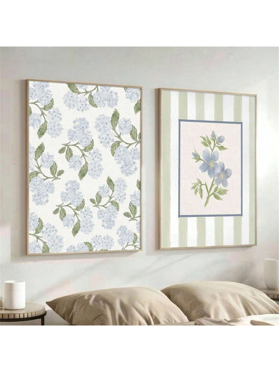 Add a splash of charm to your walls with this playful set of two vintage striped botanical prints. Featuring delicate blue florals, these unframed artworks bring a fresh, minimalist vibe perfect for modern living spaces. Easy to mix, match, and style, they brighten any room with a touch of timeless elegance and whimsy.