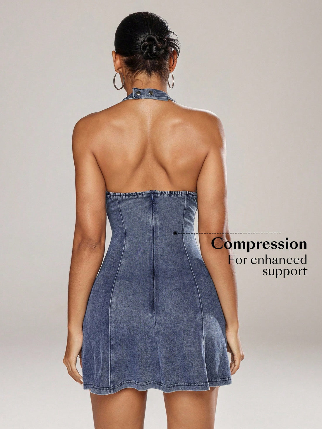 Step into summer fun with this playful backless halter mini denim dress. Its lightweight denim fabric keeps you cool while the halter neckline and open back add a flirty, breezy vibe perfect for sunny days and warm nights. The mini length showcases your legs with ease, making it an ideal pick for beach outings, casual cocktails, or spontaneous adventures. Embrace effortless style that’s as lively and spirited as your summer plans.