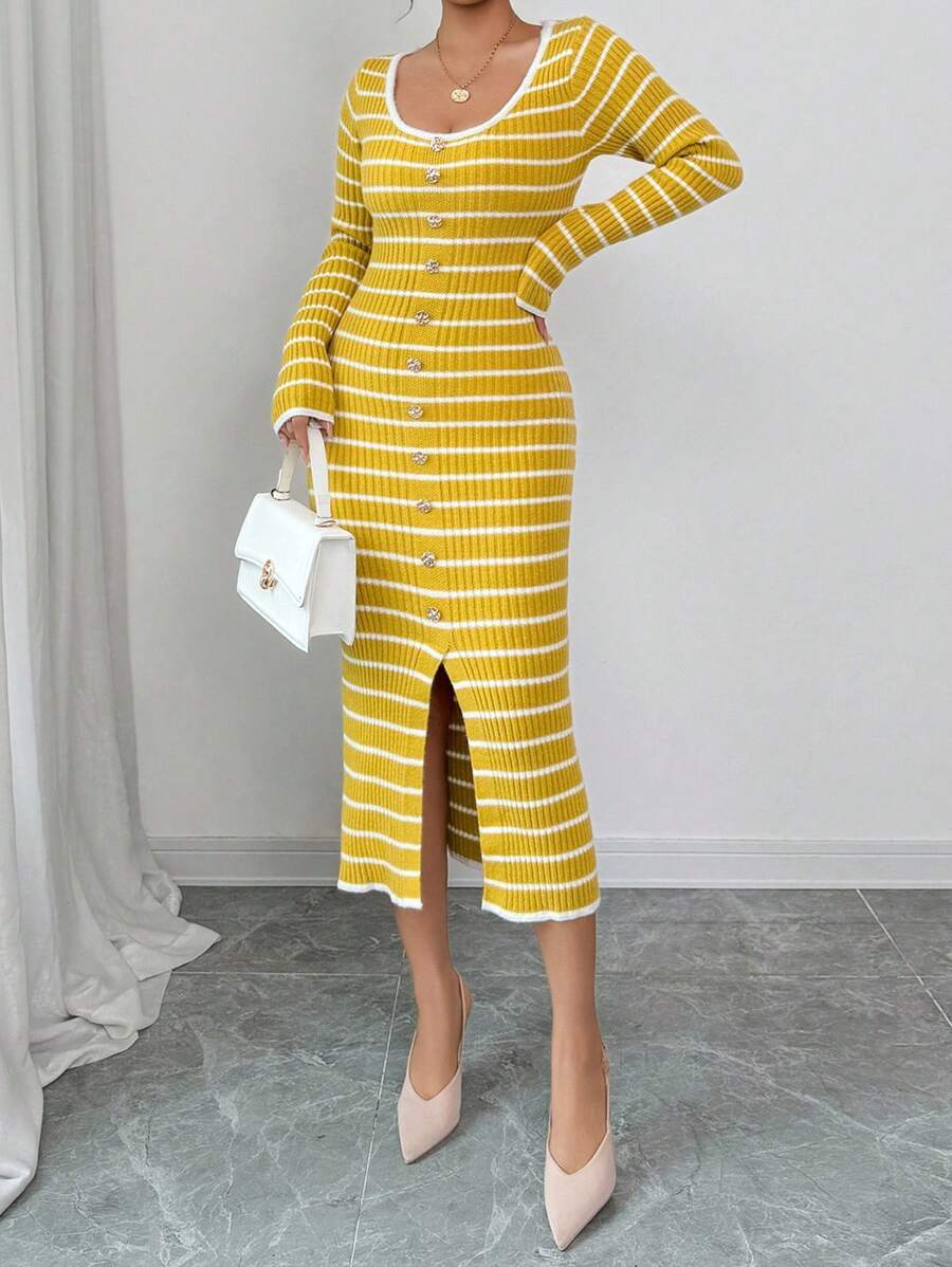 Front full view of mustard striped rib-knit long-sleeve dress with front slit and scalloped white-trim hem