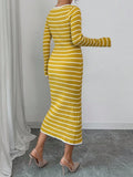Back view of mustard and white striped long-sleeve rib-knit midi dress with fitted pencil silhouette