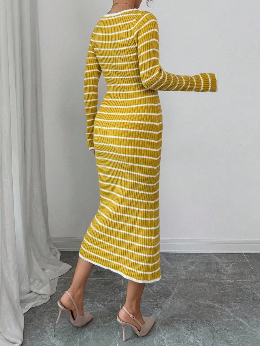 Back view of mustard and white striped long-sleeve rib-knit midi dress with fitted pencil silhouette