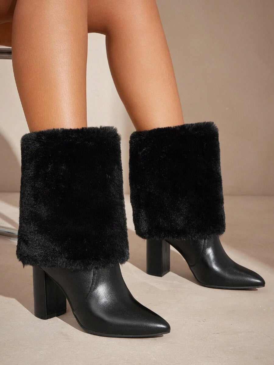 Step into luxury with these show-stopping knee-high boots that blend glamour with everyday wearability. Featuring a plush faux fur lining that keeps your feet cozy and chic, these beauties boast a sturdy block heel for all-day comfort and confidence. The clever foldable design adds versatility to your wardrobe—wear them tall and dramatic or fold down the fur-lined cuff for an edgy, casual vibe. Perfect for elevating any outfit, from weekend brunches to night-out moments. Because who says you can't have it a