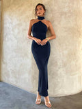 Front view of navy bodycon maxi dress with sleeveless high halter neck