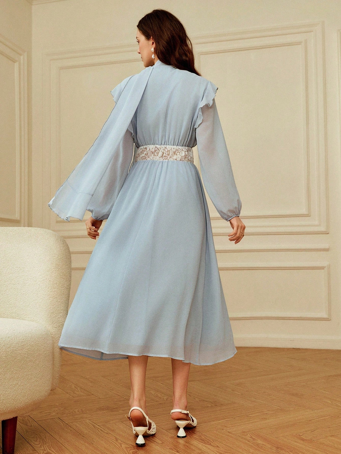 Step into a world of whimsy with this Elegant Autumn Chiffon Lace Dress. Delicately crafted with soft chiffon and intricate lace, its ruffle trim adds a playful twirl to your every move. Perfect for romantic garden strolls or brightening your everyday moments, this dress blends comfort and charm for a look that's effortlessly enchanting.