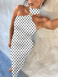 White black polka dot maxi dress selfie with asymmetric halter neck and gold connector