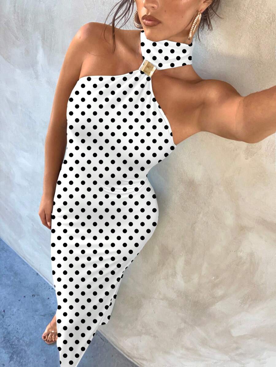 White black polka dot maxi dress selfie with asymmetric halter neck and gold connector