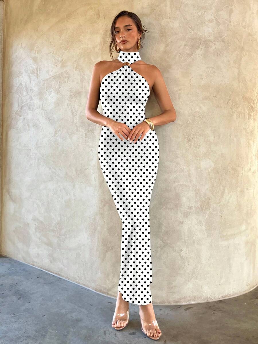 Front view of white black polka dot bodycon maxi dress with gold neck ring