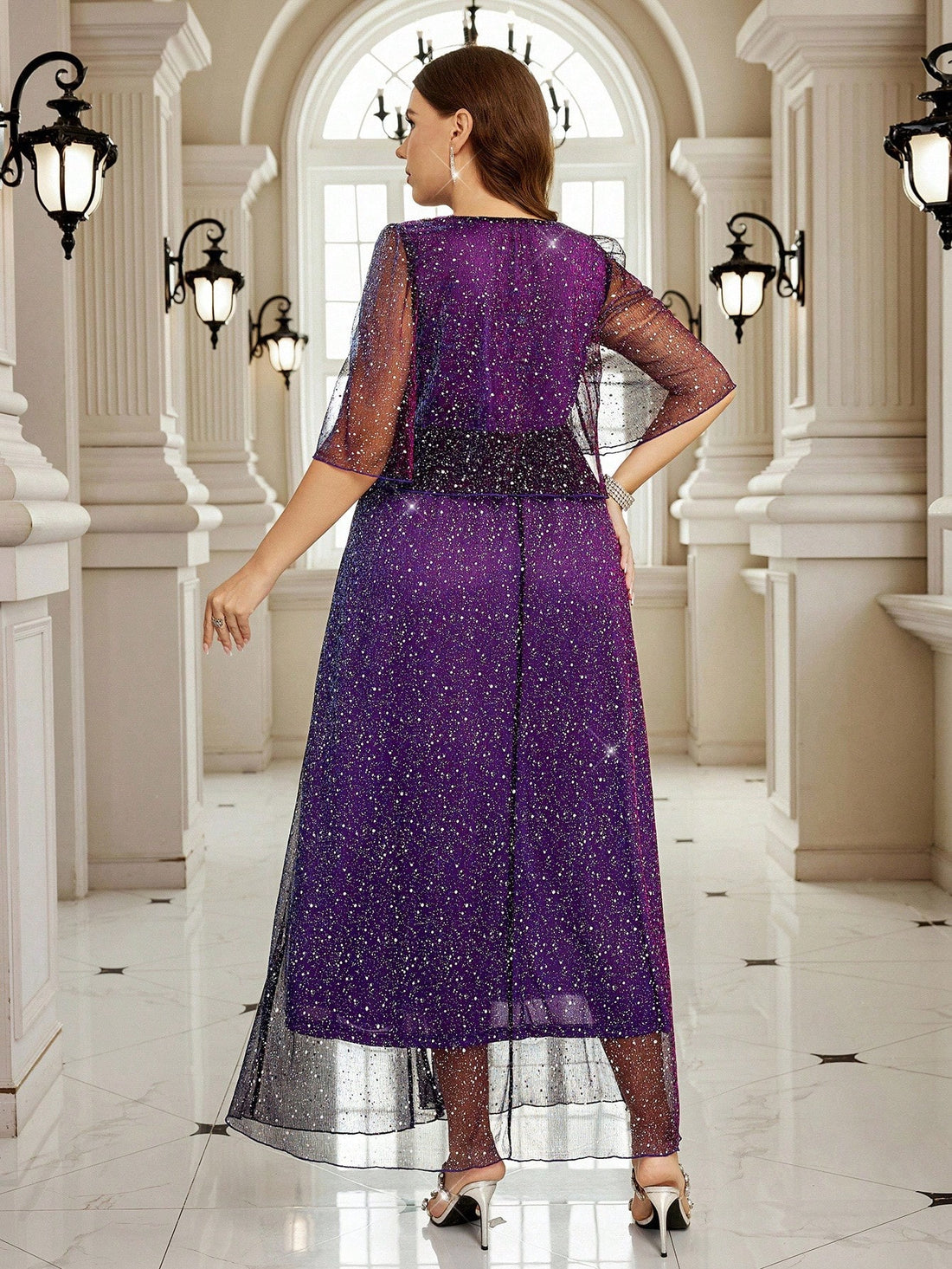 Turn heads at any celebration in this Elegant Purple Plus Size Sequin Dress. Glittering sequins catch the light while the pleated foil adds a whimsical shimmer. Designed to flatter and celebrate curves, it’s your perfect party and wedding companion for a dazzling, confident look.