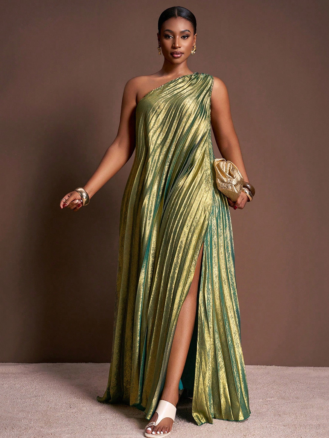 Turn heads in this Elegant Plus Size One-Shoulder Maxi Dress, designed to flatter and flow with every move. The daring high slit adds a flirty touch, perfect for dancing the night away at parties or making a statement at special occasions. Embrace your curves and confidence with this playful yet sophisticated dress that promises to keep all eyes on you.