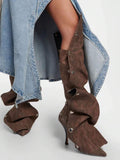 Back view of Elegant Winter Brown Knee High Ruched Slouchy Stiletto Boots for Women - Perfect Nightclub Luxury Footwear for knee high boot styling