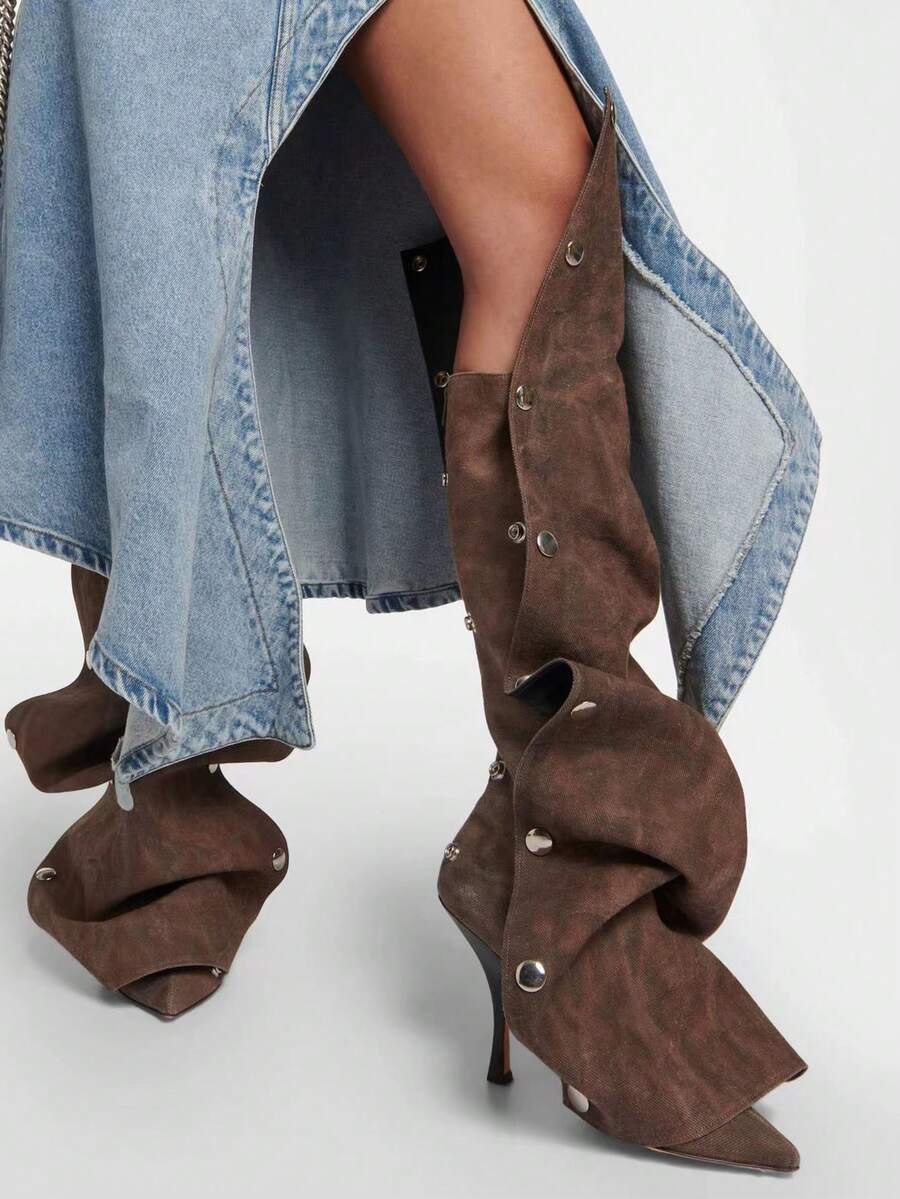Back view of Elegant Winter Brown Knee High Ruched Slouchy Stiletto Boots for Women - Perfect Nightclub Luxury Footwear for knee high boot styling