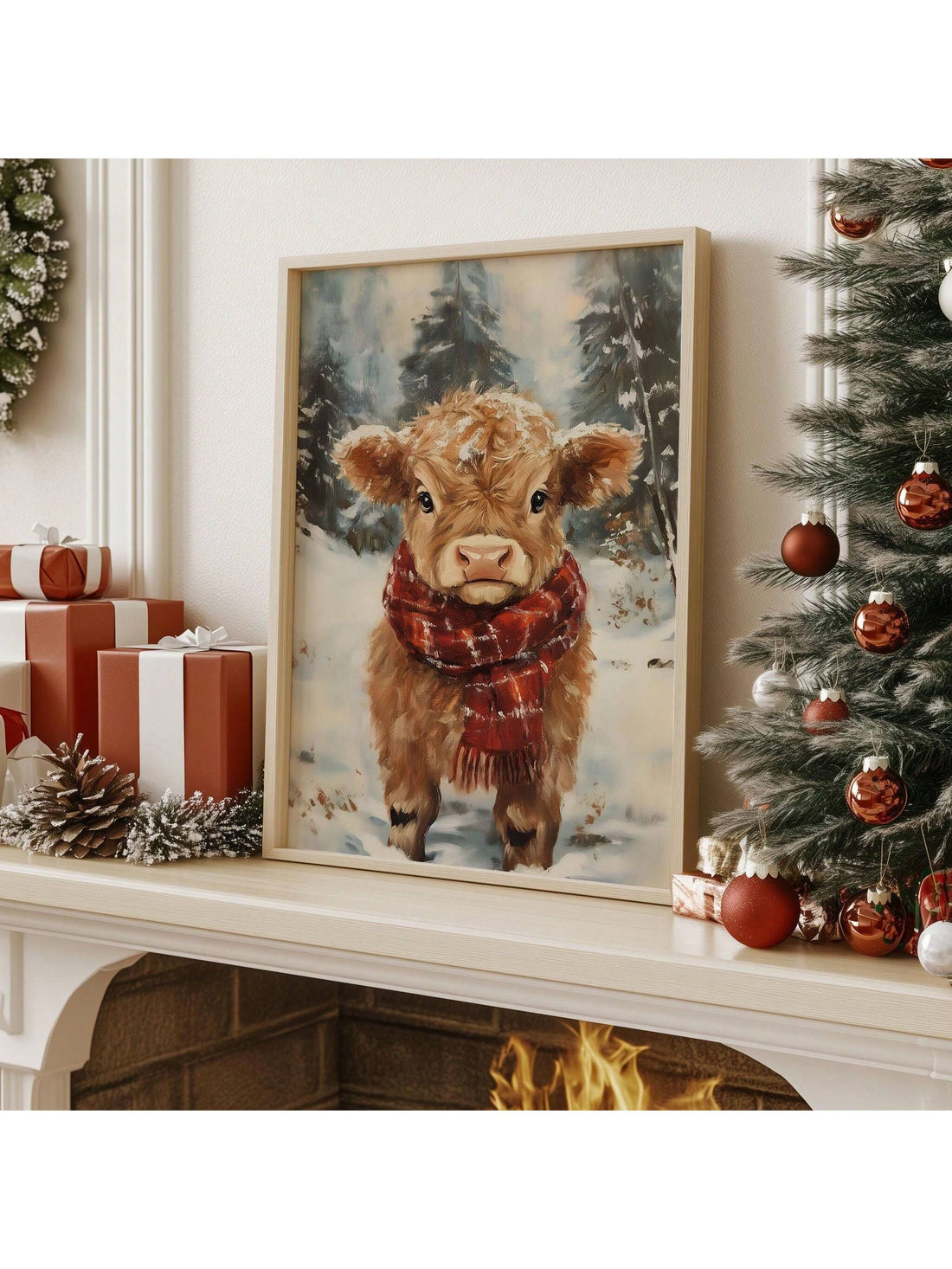 Bring rustic charm and holiday warmth to your home with this delightful vintage Highland cow wall art. Perfect for creating a cozy Christmas atmosphere, this framed winter wonderland painting features an adorable Highland cow nestled in a snowy landscape. The playful design captures the magic of the season while adding character to any room. Whether you're decorating for the holidays or year-round, this whimsical piece brings a touch of countryside comfort and festive cheer to your walls. A quirky, heartwar