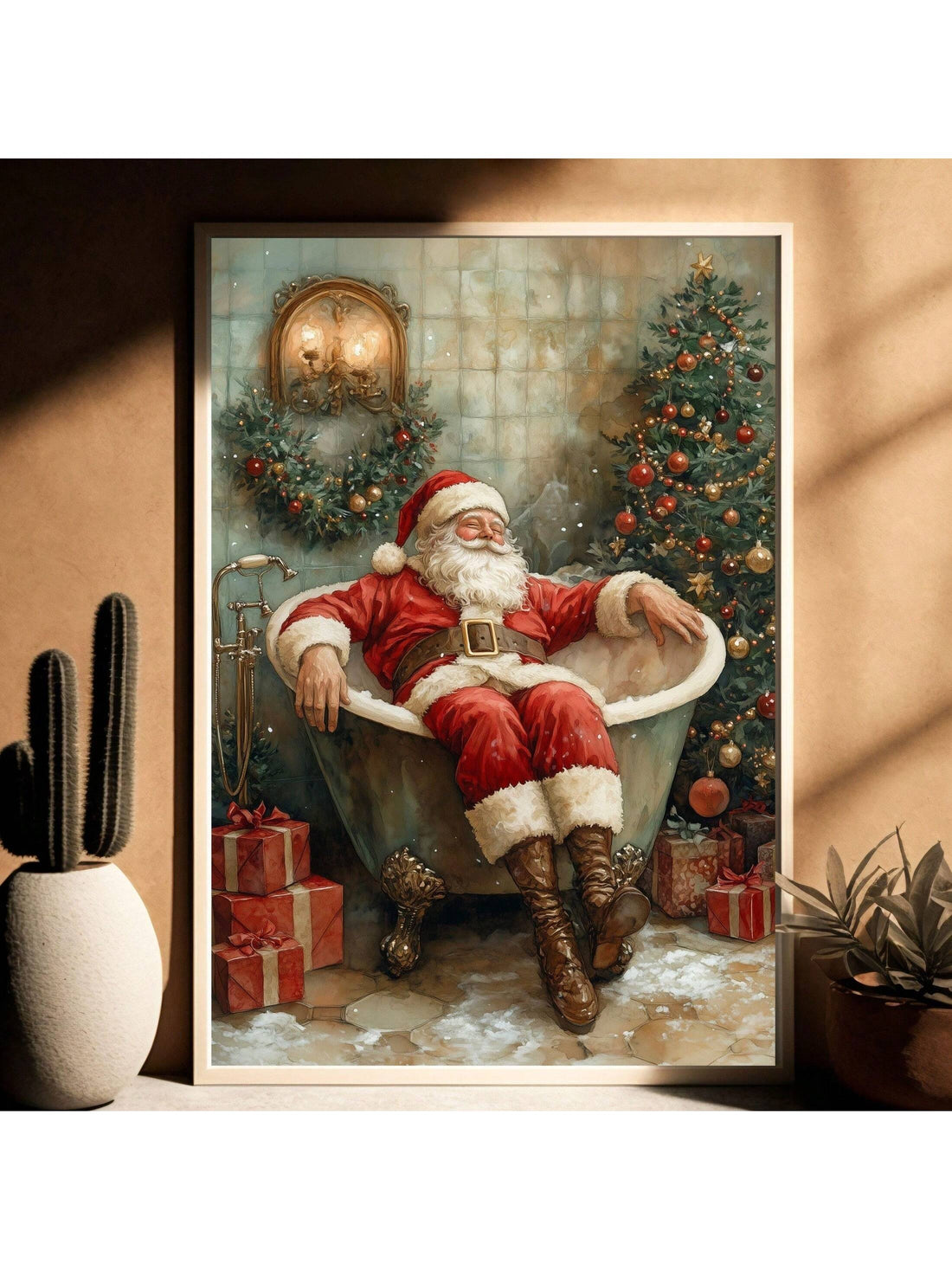 Add a splash of holiday cheer with this Vintage Santa Claus Bathtub Canvas Wall Art. Featuring Santa relaxing in a cozy bathtub, this playful piece brings warmth and whimsy to your Christmas decor. Perfect for creating a festive atmosphere that’s both charming and unique, it’s ideal for adding a touch of vintage magic to any room during the holiday season.