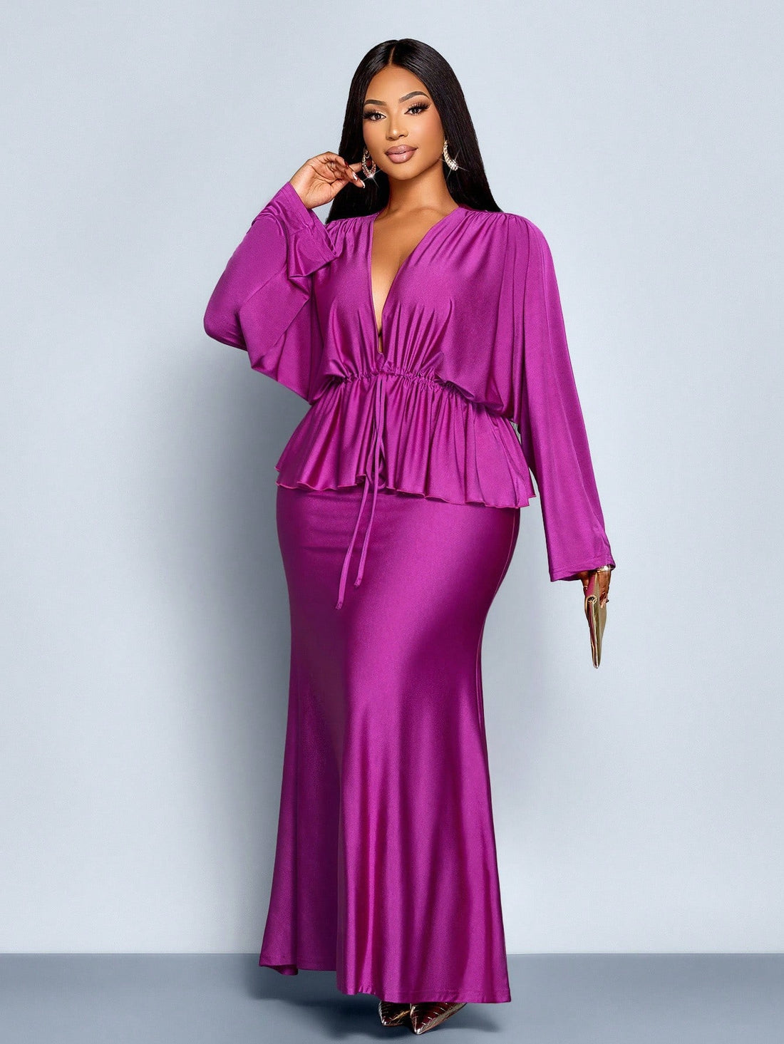 Make a statement at your next autumn or spring celebration in this stunning two-piece set designed for curves and confidence. The dramatic bat sleeves add a touch of flair and movement, while the fishtail skirt creates an elegant silhouette that turns heads. Crafted for plus-size figures, this ensemble combines comfort with sophisticated style, perfect for parties, dinners, or any special occasion where you want to feel absolutely fabulous. Embrace your inner fashionista and own the room!