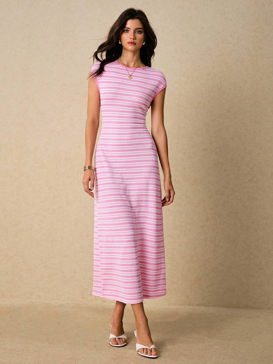 Pink white striped sleeveless knit maxi dress full front