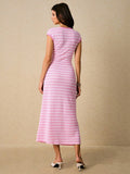 Pink white striped sleeveless knit maxi dress back view