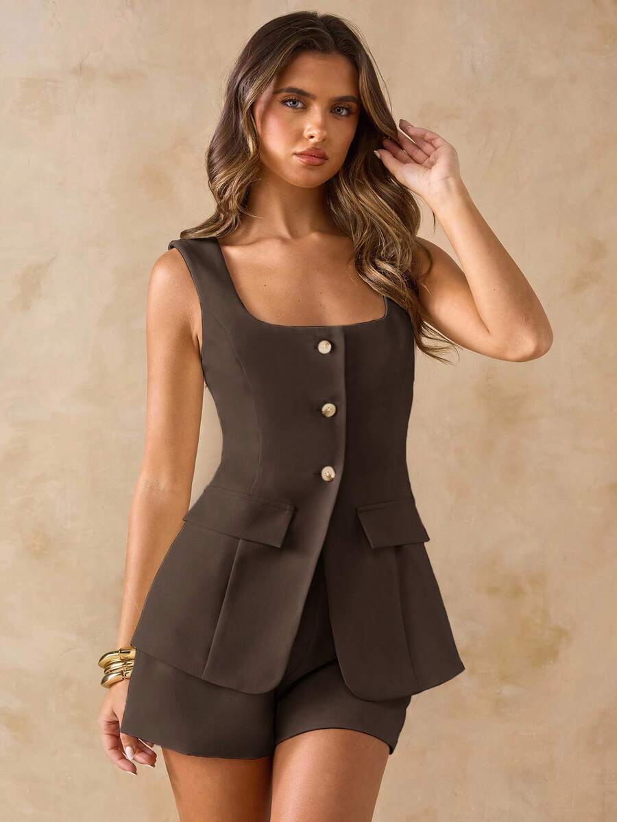 Product view of Chic Spring Summer Two-Piece Set: White Blazer Vest & Mini Skirt for Beach Vacations and Weddings for elegant two piece outfit styling