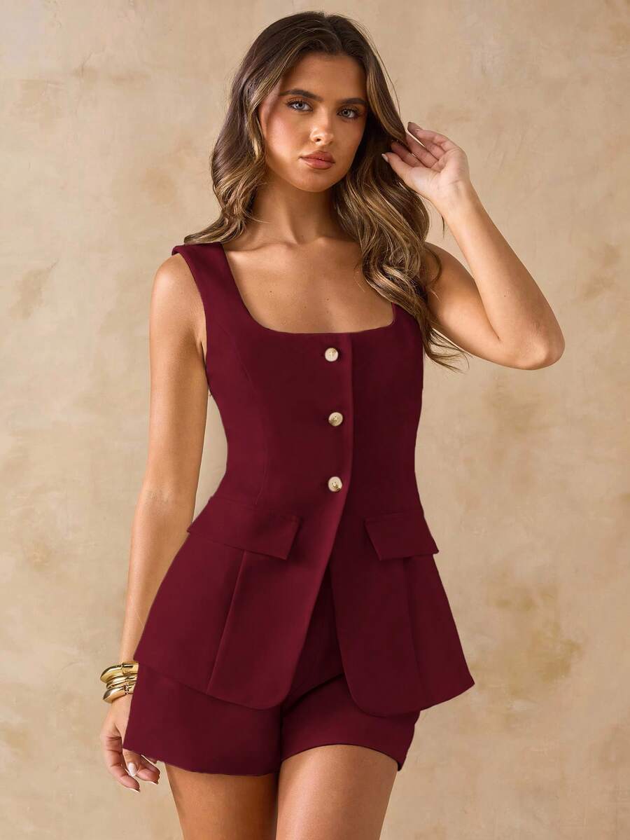 Lifestyle view of Chic Spring Summer Two-Piece Set: White Blazer Vest & Mini Skirt for Beach Vacations and Weddings for elegant two piece outfit styling