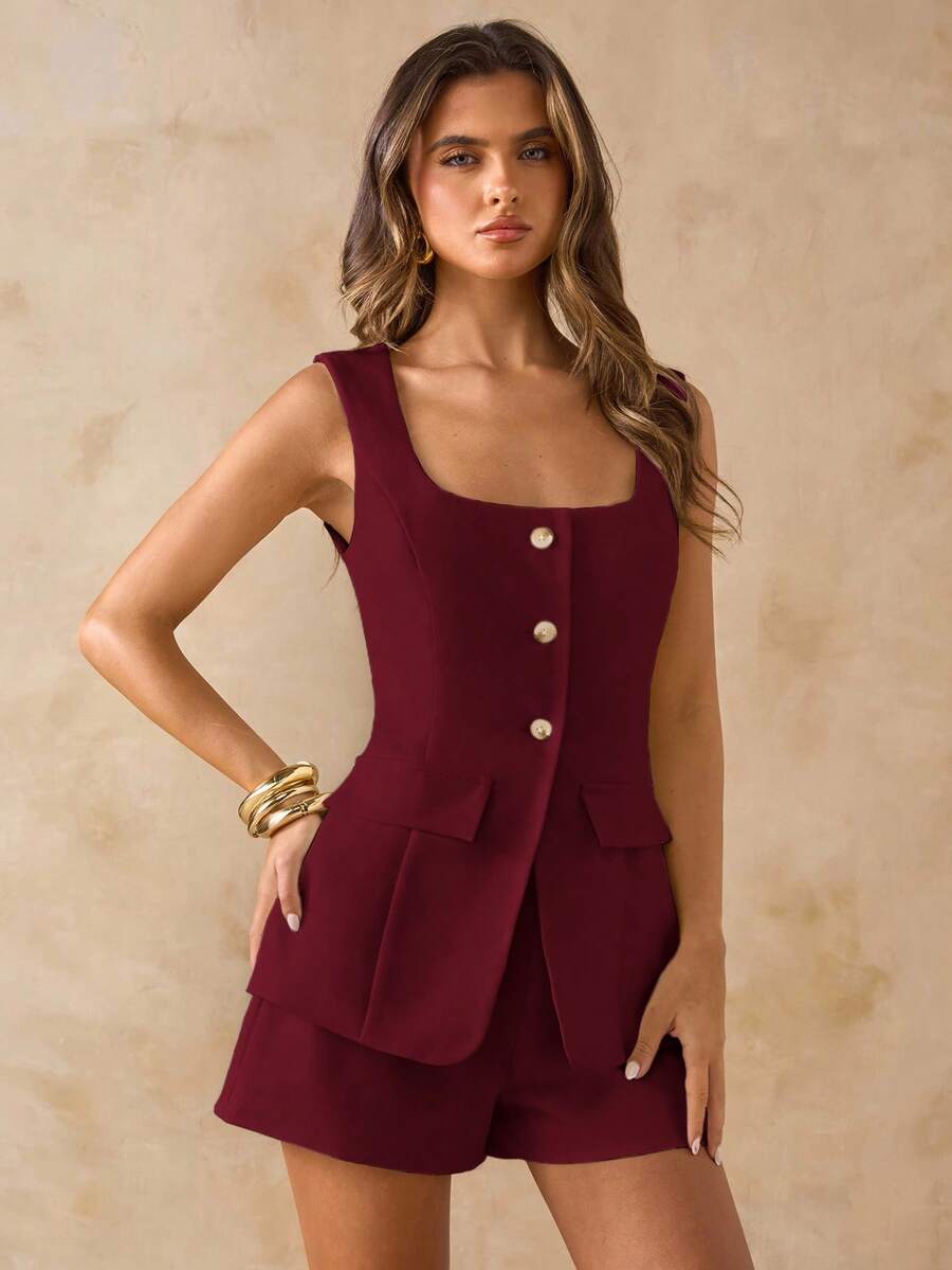 Product view of Chic Spring Summer Two-Piece Set: White Blazer Vest & Mini Skirt for Beach Vacations and Weddings for elegant two piece outfit styling
