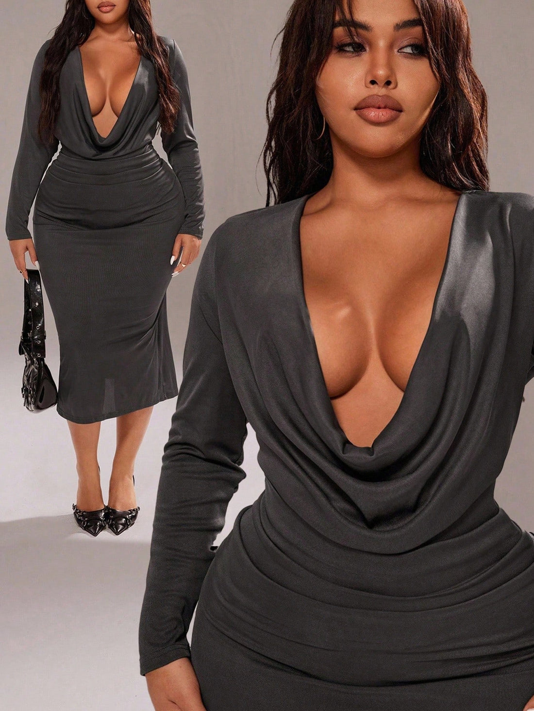 Slip into effortless elegance with this stunning V-neck bodycon dress. Crafted from smooth polyester, it hugs your curves in all the right ways while the sleek solid color keeps things timelessly chic. Perfect for fall gatherings or date nights, this versatile piece transitions seamlessly from day to evening. The minimalist design lets you shine, while the long silhouette adds that touch of sophisticated allure. Available in plus sizes because fabulous comes in every shape and size!