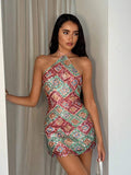geometric sequin halter mini dress with asymmetrical neckline, backless tie neck, bodycon mini fit, argyle diamond sequin pattern, multicolor and red variants image 2