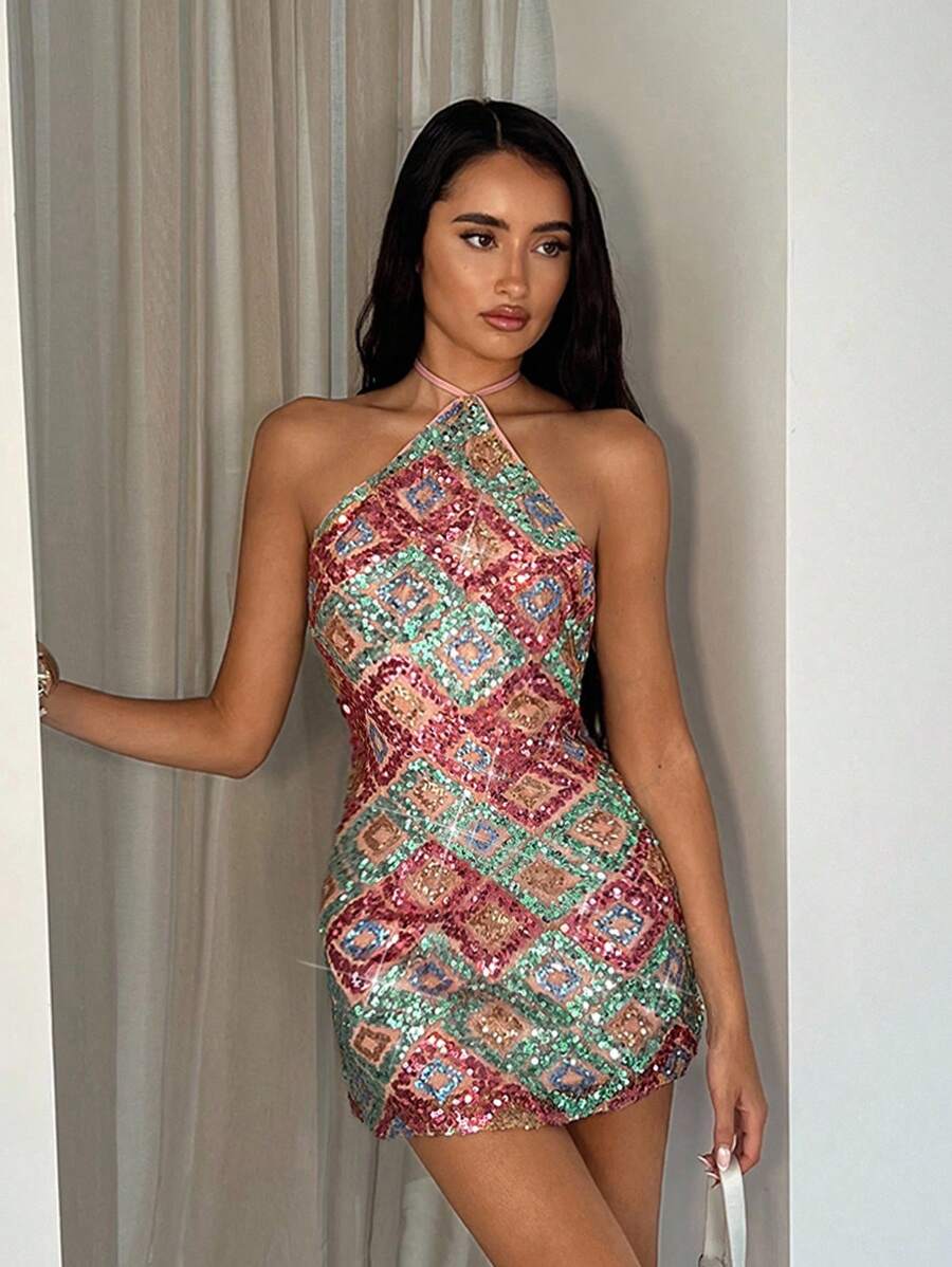 geometric sequin halter mini dress with asymmetrical neckline, backless tie neck, bodycon mini fit, argyle diamond sequin pattern, multicolor and red variants image 2