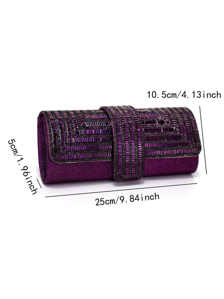 Purple rhinestone evening envelope clutch with size labels showing 25 cm width 10.5 cm height and 5 cm depth