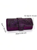 Purple rhinestone evening envelope clutch with size labels showing 25 cm width 10.5 cm height and 5 cm depth