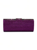 Back view purple glitter satin clutch with rhinestone top trim and rounded rectangular body