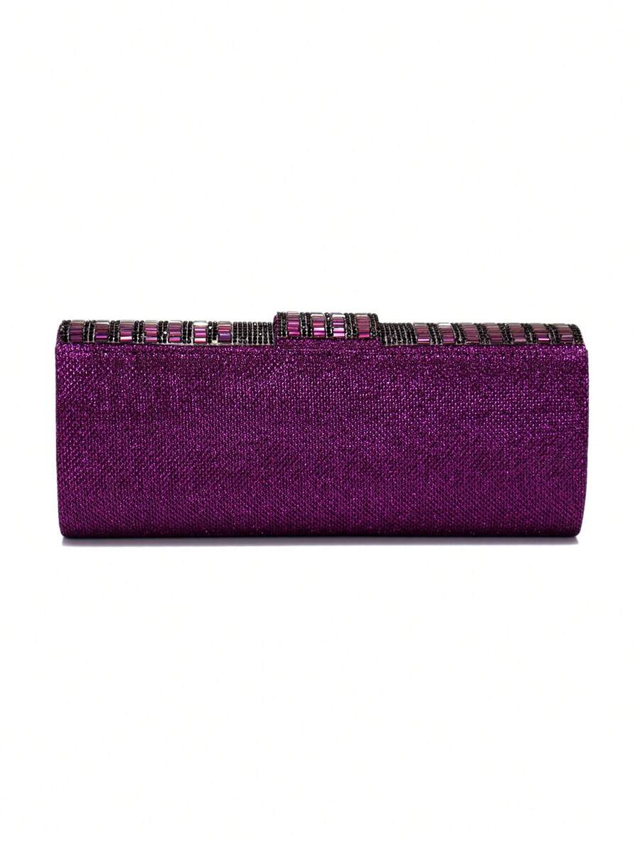 Back view purple glitter satin clutch with rhinestone top trim and rounded rectangular body