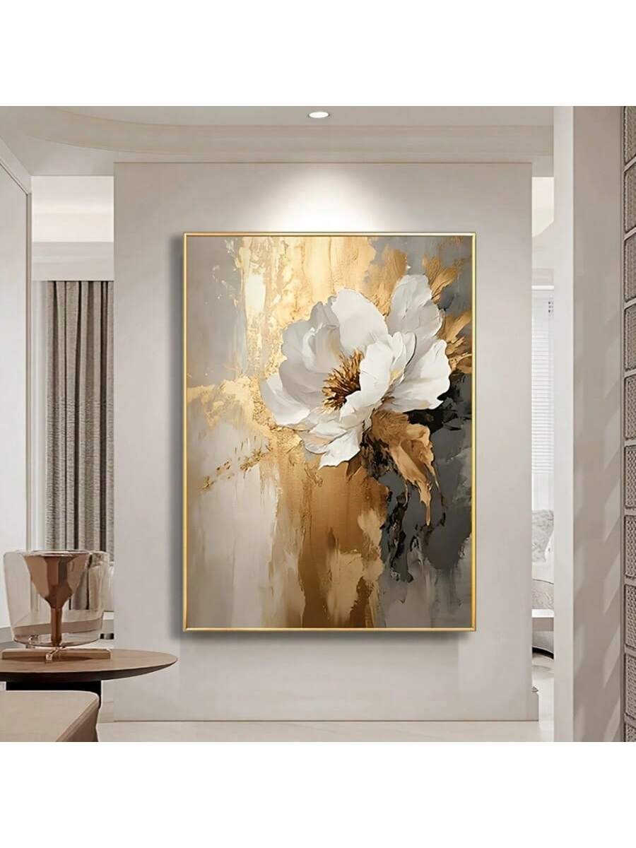 Bring a touch of glam and grace to your space with this Elegant White Flower Oil Painting. Highlighted with shimmering golden foil accents, it adds a luxe sparkle that catches the eye and lifts the mood. Perfect for brightening up living rooms, offices, or any spot that needs a dash of modern charm. Let this artwork bloom on your walls and watch your decor blossom with joy!